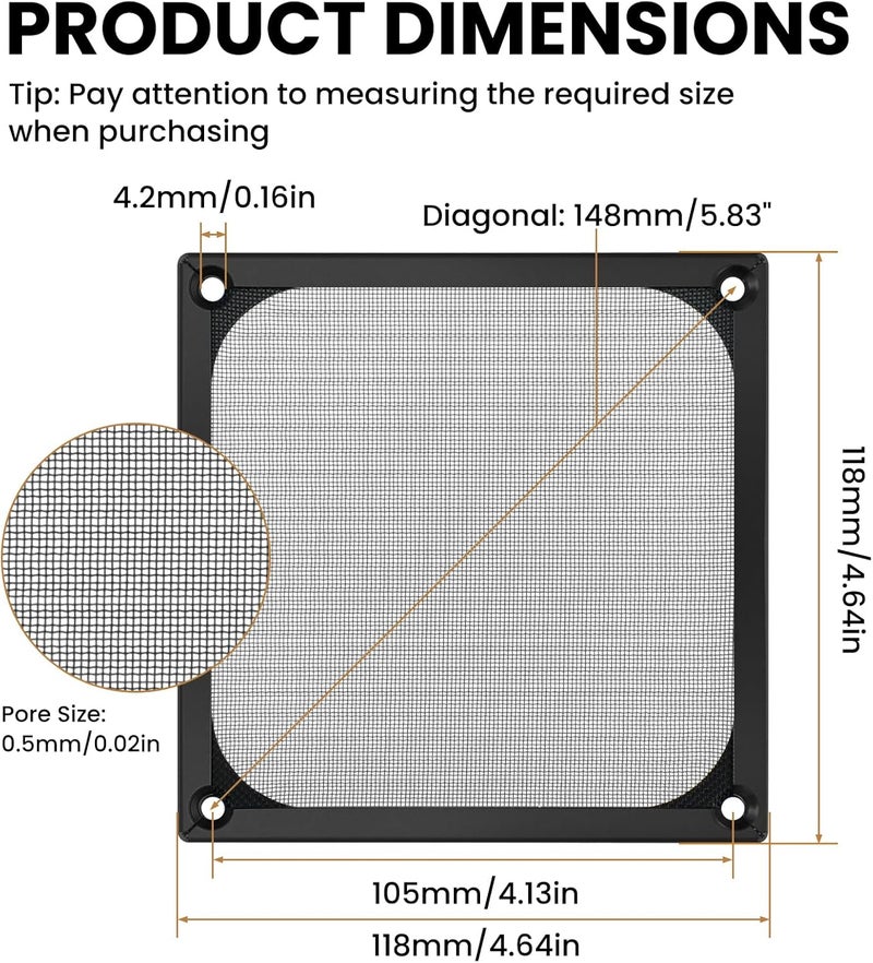 BaYiToo 4 Pcs Computer Fan Filter Grills, 120mm Aluminum Frame Stainless Steel Mesh Dustproof Cover with Screws for Computer Case, Black - Image 2